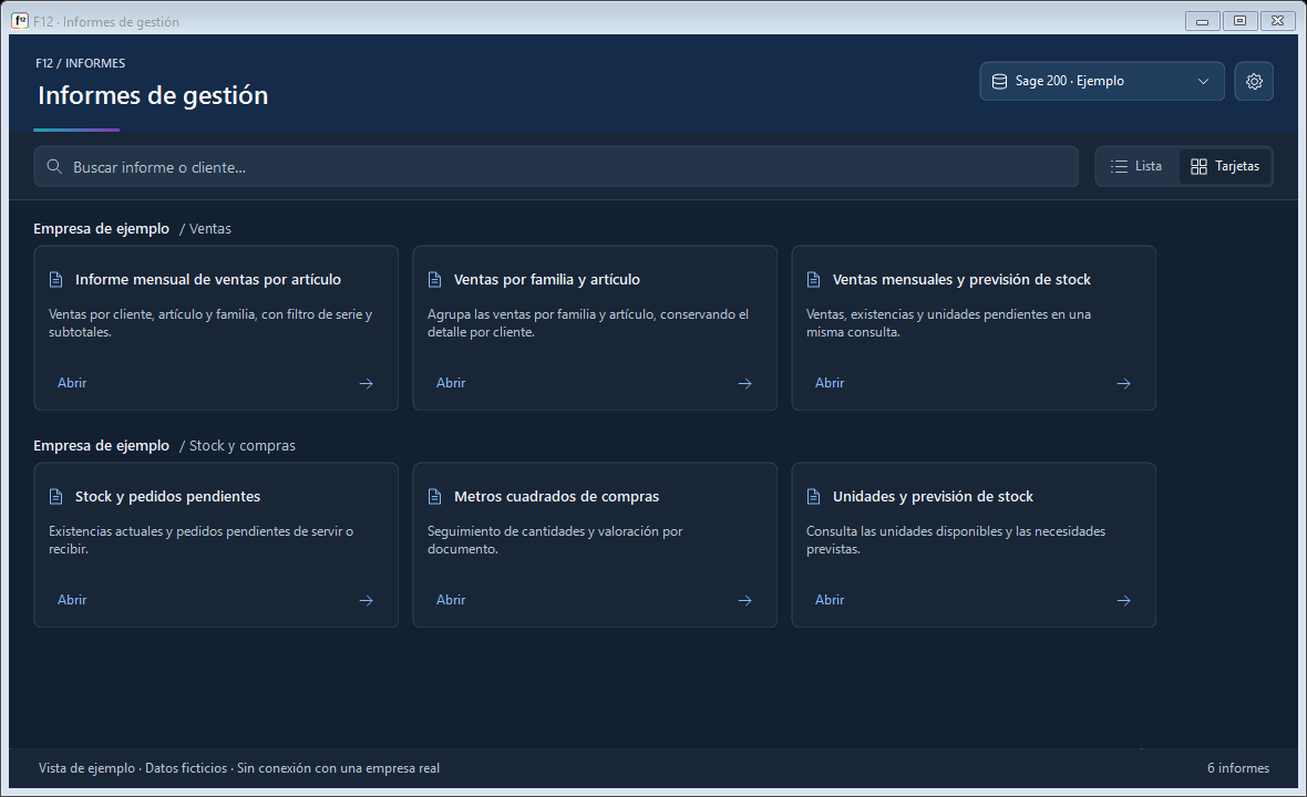 Vista de F12 Informes con un catálogo de ejemplo